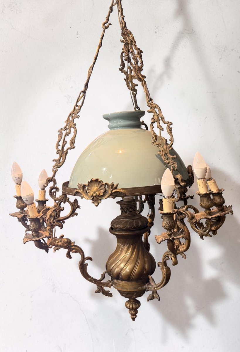 Lampadario in Bronzo ed Ottone con Campana in Opalina - Italia Inizio XX Secolo-photo-3